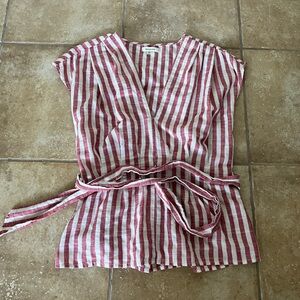 Max Studio Blouse Womens M Red White Striped Short Sleeve Tie V-Neck Tunic